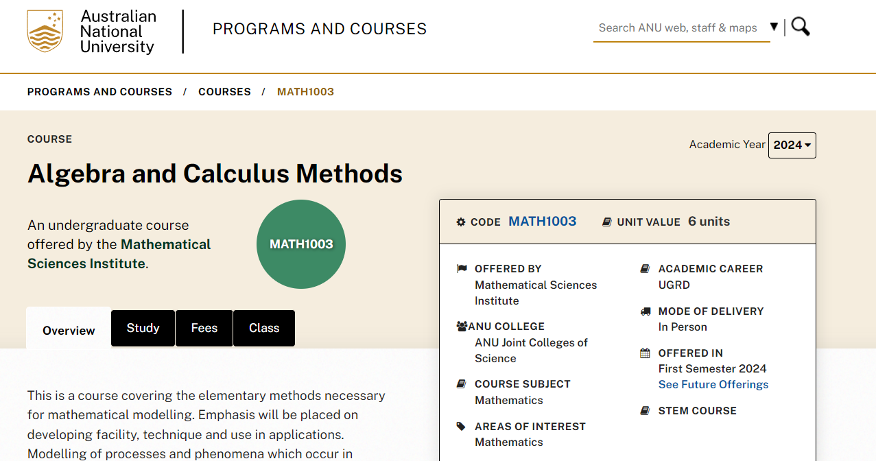 澳洲代写｜MATH1003｜Algebra and Calculus Methods代数与微积分方法 澳洲国立大学